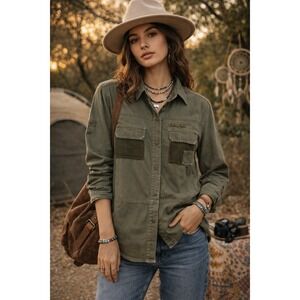 Lauren Ralph Lauren Olive Utility Safari Button‎ Down Shirt Cotton Size Medium